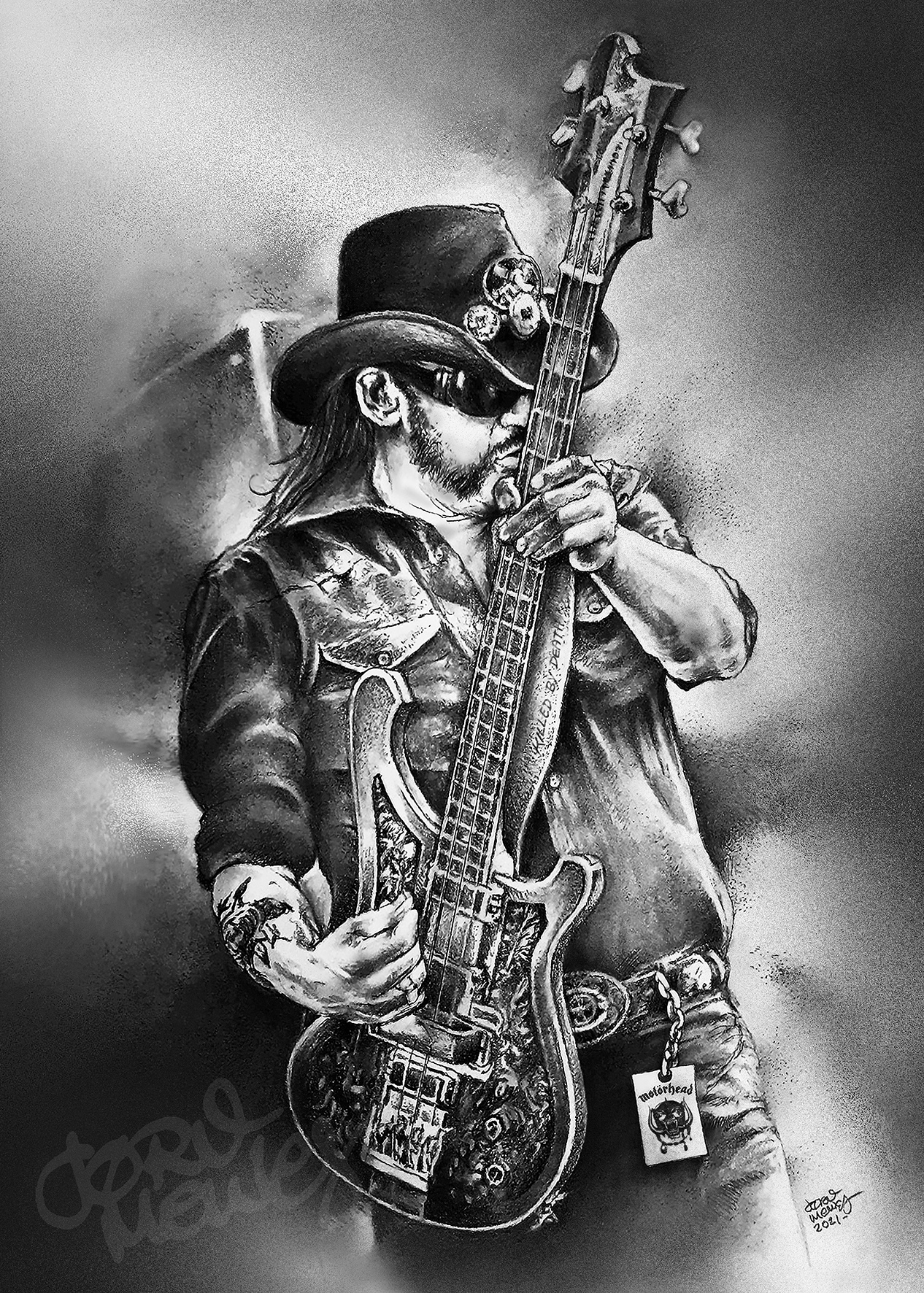 Tegnet portrett: Lemmy Kilmister (Motorhead, Hawkwind) av Jørn Melnes