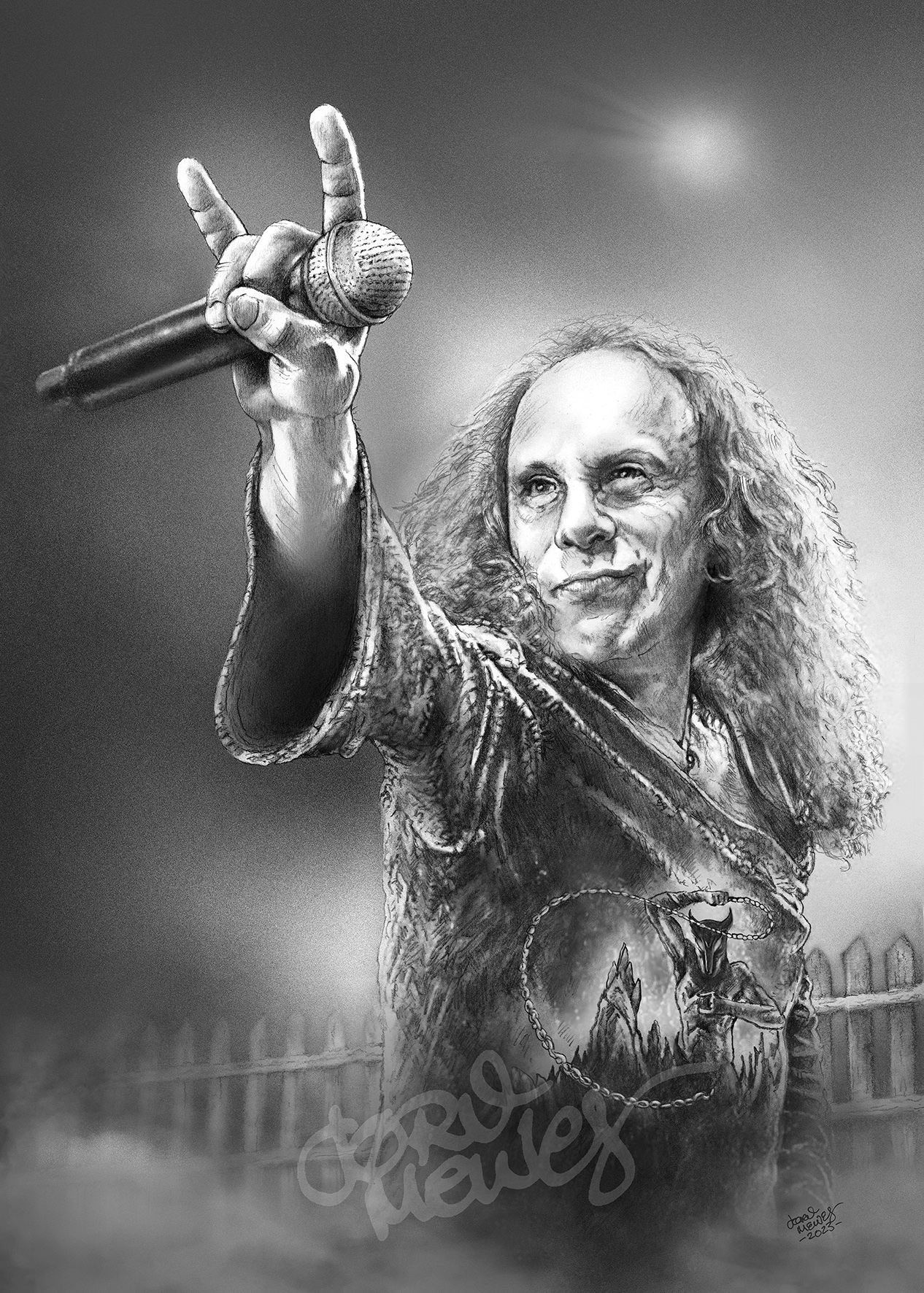 Tegnet portrett: Ronnie James Dio (Dio, Black Sabbath) av Jørn Melnes (tegning, kunstprint, poster, plakat, hard rock, heavy metal, portrait art, pencil drawing)